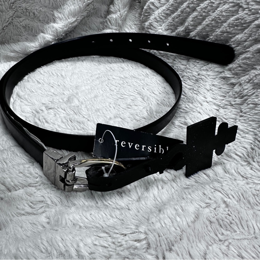 Liz & Co. Brown and Black Leather Reversible Skinny Belt, Gold & Silver L, NWT